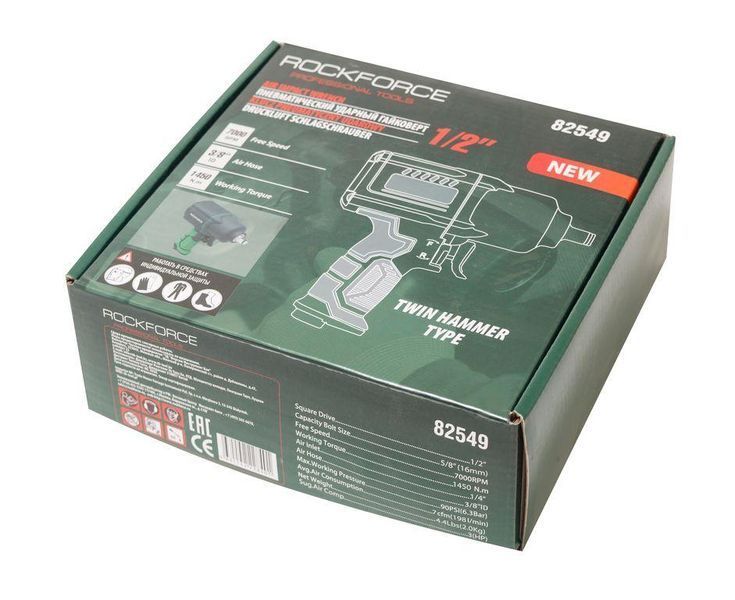 Пневмогайковерт 1/2" (1450Нм, 6,3bar, 198л/хв, 7000об/хв) ROCKFORCE RF-82549 48137 фото