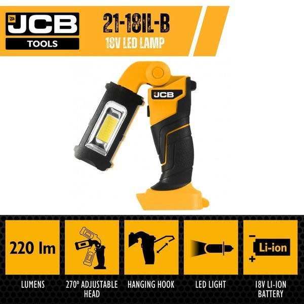 Лампа світлодіодна акумуляторна 18V, 220 Lum, головка поворотна 270град, без акумулятора JCB-18IL-B-Е 57250 фото