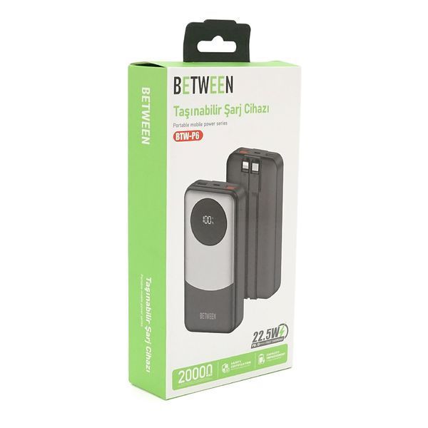Power bank BETWEEN BTW-P6 20000mAh, 22.5W, 2 кабеля: Type-C+Lighting, Black, 460g, Box -YT45724 фото