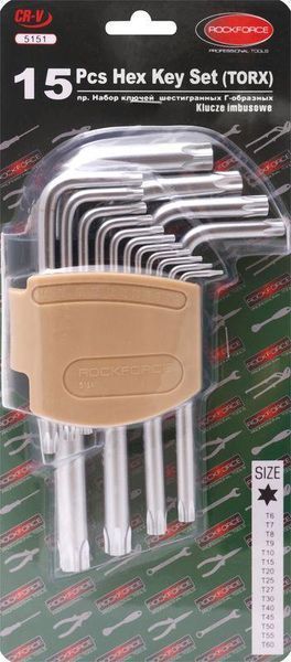 Набір ключів TORX Г-подібних, 15 предметів (Т6, Т7, Т8, Т9, Т10, Т15, Т20, Т25, Т27, Т30, Т40, Т45, Т50, Т55, Т60) ROCKFORCE 26059 фото