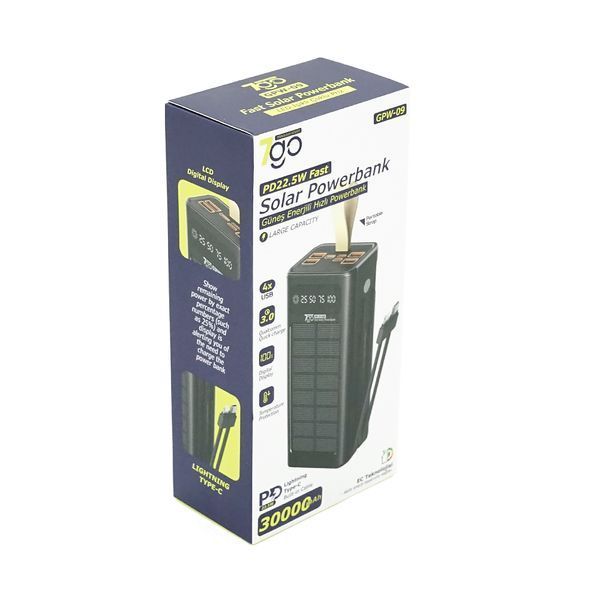 Powerbank 7GO GPW-09 30000mAh, Solar, 22.5W, Li-pol, LCD Display, Вхід:Type-C, Виходи: 2xUSB Type-C, 4xUSB Type-A, кабелю T-C/Ligh, 0,70, Black, Box -YT45945 фото