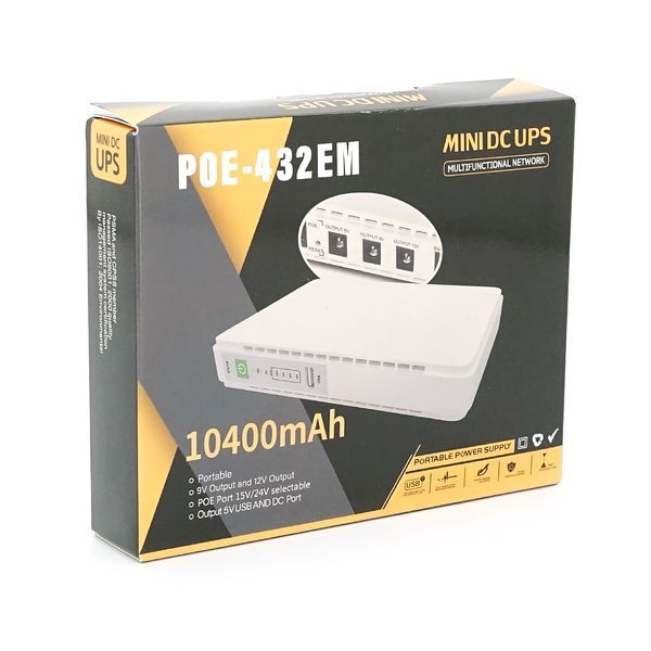 ДБЖ MIni Ups для роутерів/комутаторів POE-432EM, outputs: DC 9В/12В, POE 15В/24В, USB DC 5В/2A, 10400MAh(4*2600MAh), (160х28х105), White, BOX -YT37168 фото