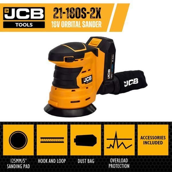 Аккумуляторная эксцентриковая шлифмашина JCB 18V (125 мм) с батареей 2.0 Ач и быстрым зарядным устройством JCB-18OS-2XB-E 57232 фото