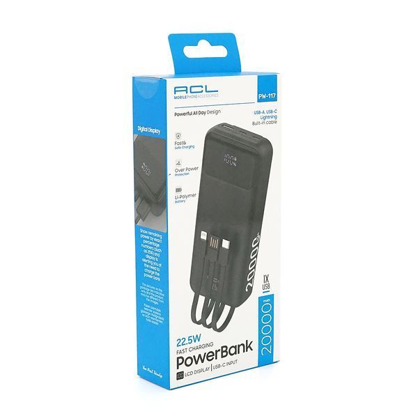 Powerbank ACL PW-117 20000mAh, PD22.5W, 1xUSB+2xUSB-C, 3 кабеля(USBType-C/Lighting), 0.47кг, Black/White, Box -YT45611 фото