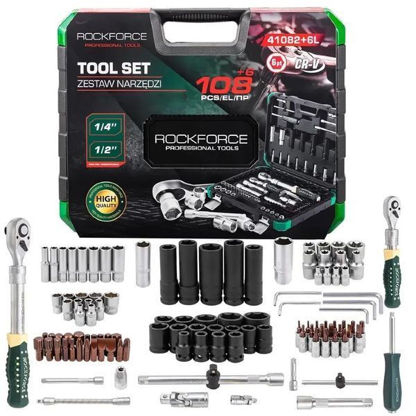 Набор инструментов 108+6пр. 1/4", 1/2" (6гр.) Rockforce RF-41082+6L 63206 фото