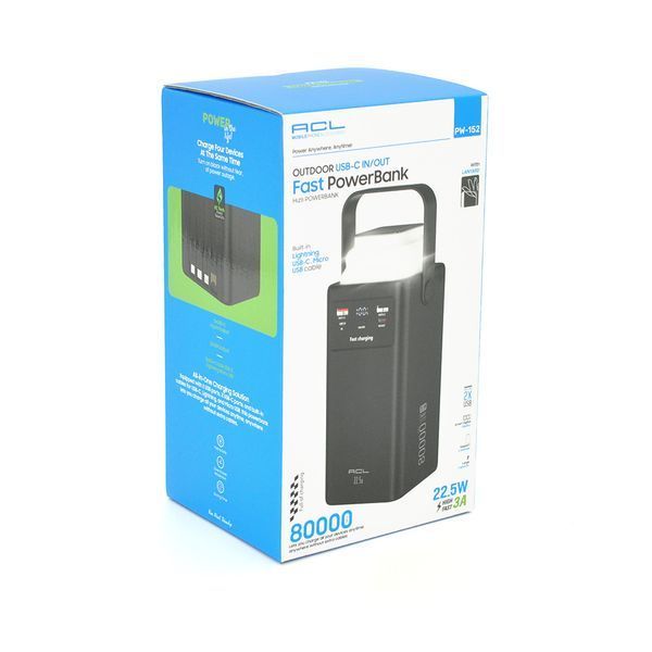 Powerbank ACL PW-152 80000mAh, 22.5W, 2xUSB, 4 кабеля(USB/Micro/Type-C/Lighting), Фонарь, 1.4кг, Black, Box -YT45947 фото