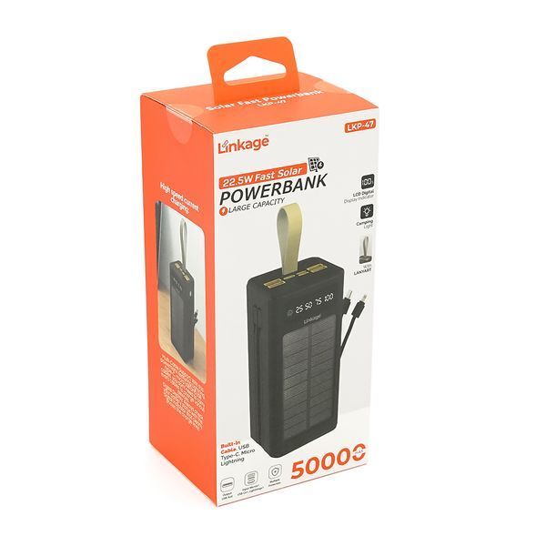 Power bank Linkage LKP-47 50000mAh, Solar, 22.5W, Кабеля Туре-С+Lighting, 1,060 kg, Black, Blister -YT44547 фото