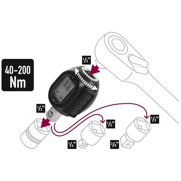 Цифpoвий динaмoмeтpичний aдaптep двocтopoнньoї дії 1/2" 40-200Nm ROCKFORCE RF-MT-1-240 59132 фото