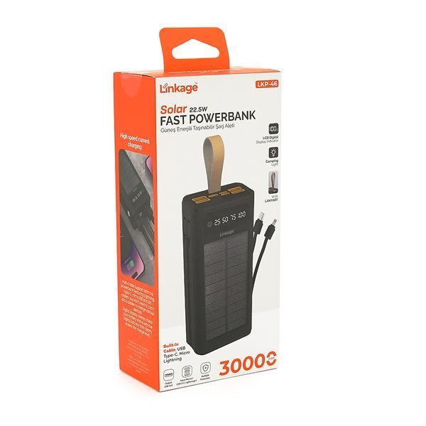 Power bank Linkage LKP-46, Solar 30000mAh, 22.5W, Кабелi Туре-С+Lighting, 0.70 kg, Black, Box -YT44585 фото