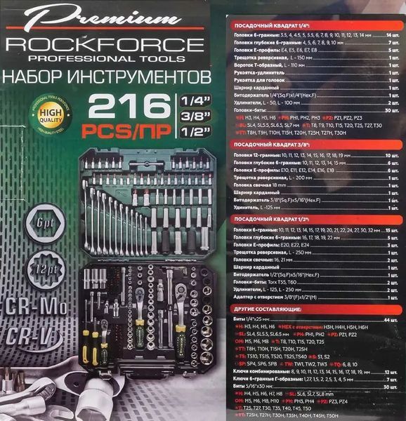 Набір інструментів 216пр. 1/4" 3/8" 1/2" (6гр,12гр) Rockforce RF-38841 Premium 62025 фото
