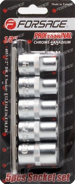 Набор головок Е-профиль 5 предметов 1/2" (E12,E14,E16,E18,E20), на планке Forsage F-4053 6352 фото