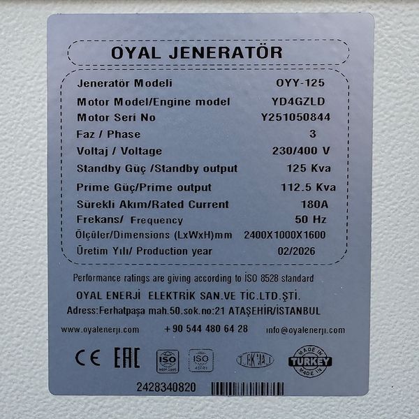 Дизельний генератор OYAL OYY-125 YANG DONG YD4GZLD 125KVA/100KW, Альтернатор OYL274D, витрата 75% навантаження - 13,6 літрів/годину, 230/400 В, 50 Гц (AVR+ATS) 2800*1000*1500 мм, 1250 кг, 220 л -YT45545 фото